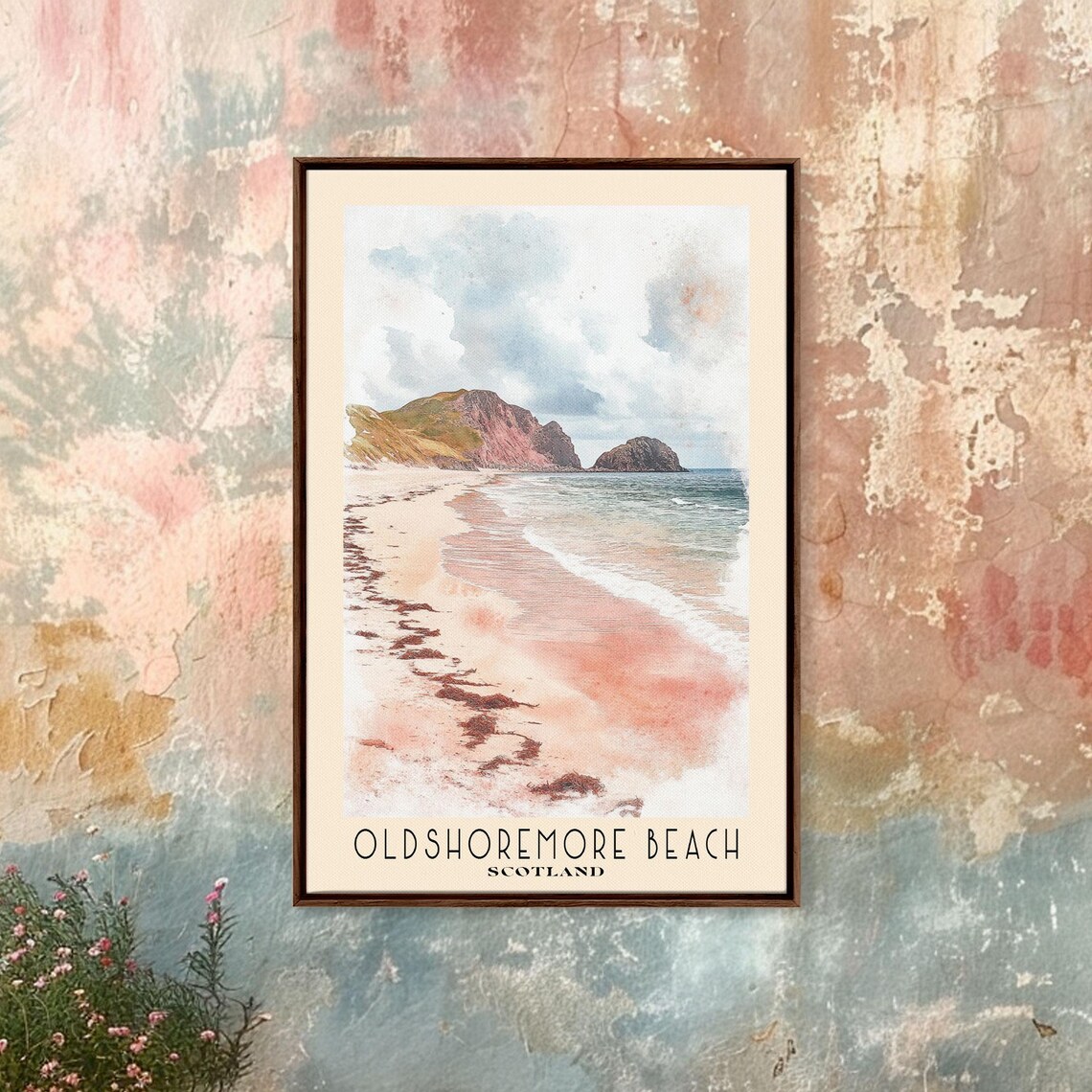 Oldshoremore Beach Scotland Pink Sand Rocky Headlands Moody Sky Travel Poster