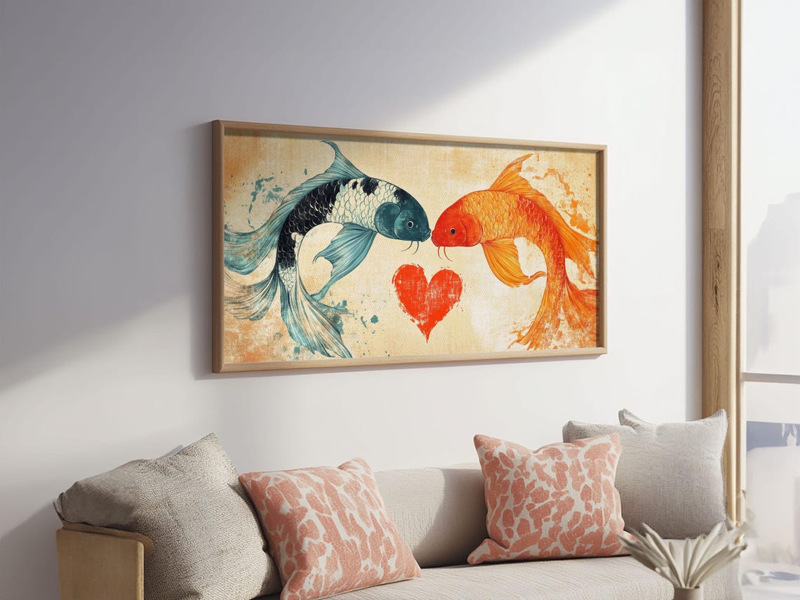 Two Koi Fish Facing Red Heart Love Watercolor Painting Couples Print - Image 5