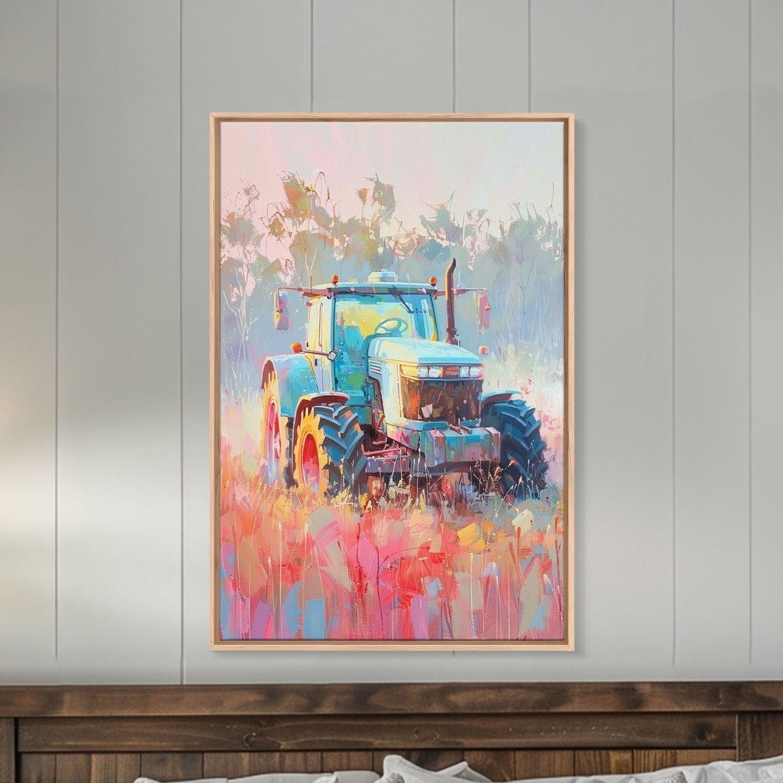 Tractor In A Colorful Meadow At Sunrise Pastel Farm Landscape Poster