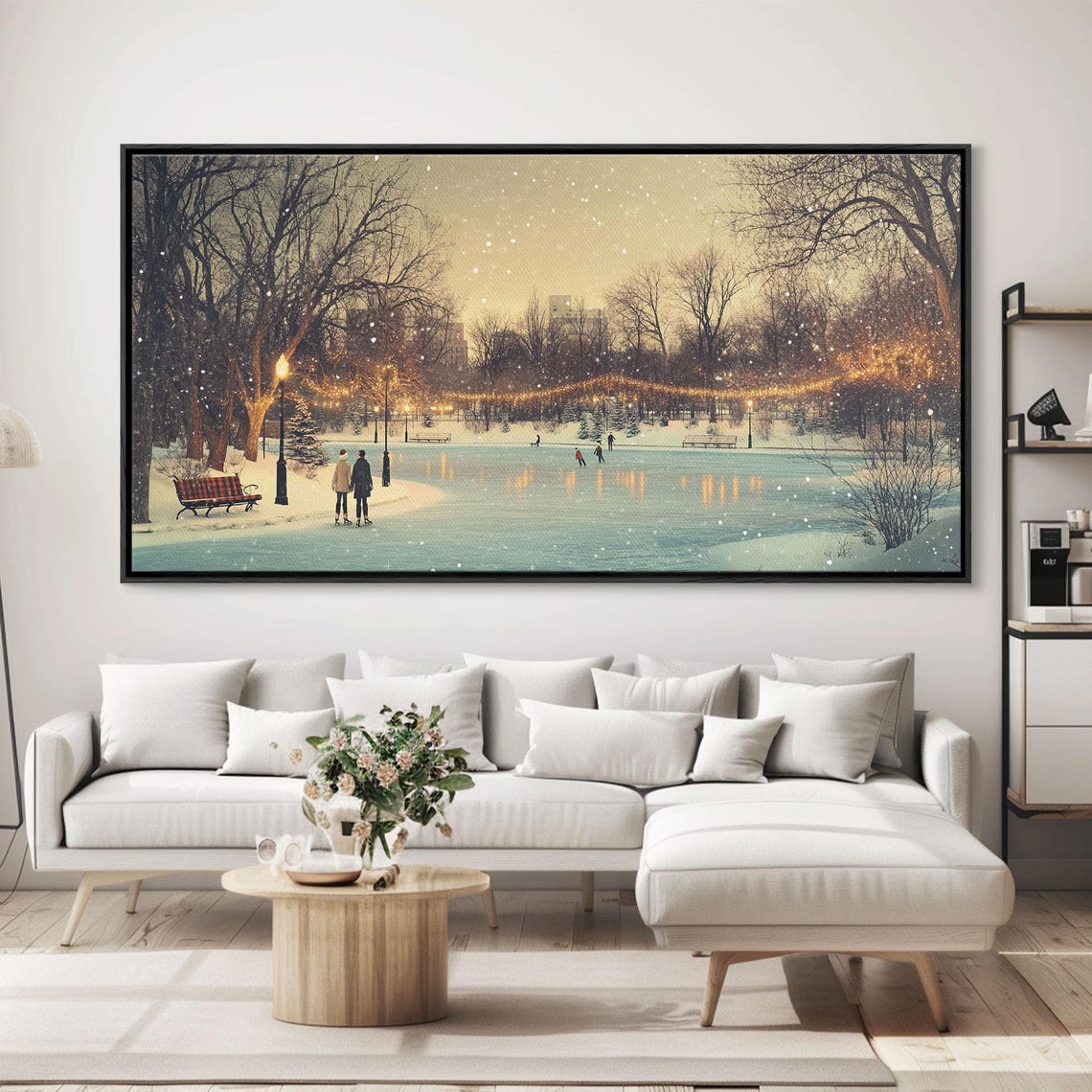 Winter Ice Skating Park Scene With Glowing String Lights Art Print - Image 3