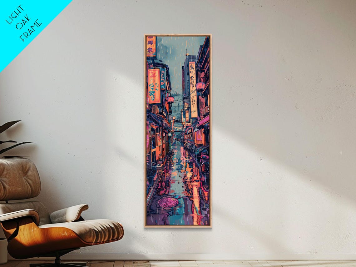 Vibrant Cityscape With Colorful Street Signs Skinny Art Tall Art Framed Print Japanese Style Art Ukiyo E Art Wood Block Print - Image 5