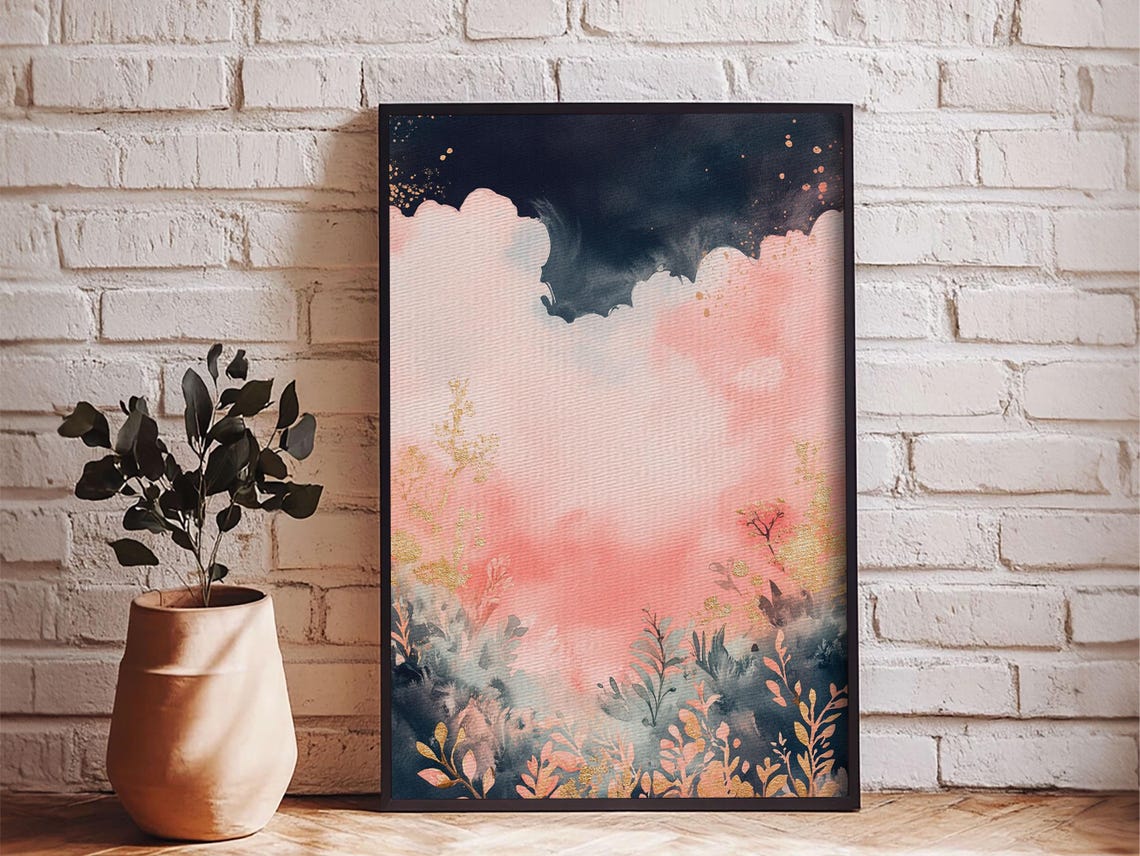 Moody Pink Cloud Sky Dark Botanical Gold Night Landscape Wall Art - Image 5