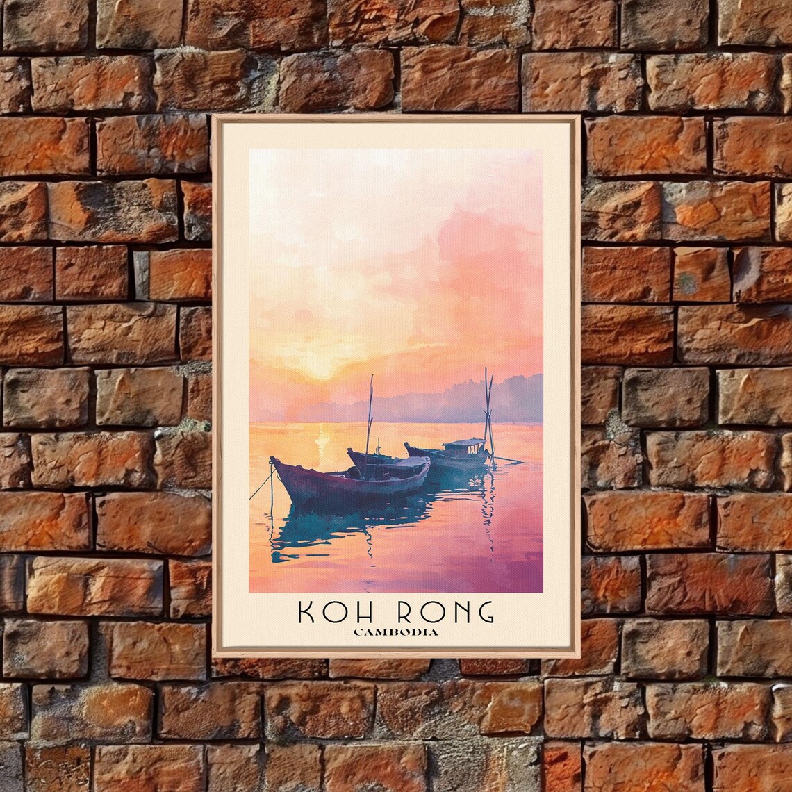 Koh Rong Cambodia Fishing Boats Pink Sunset Sea Watercolor Poster - Image 5
