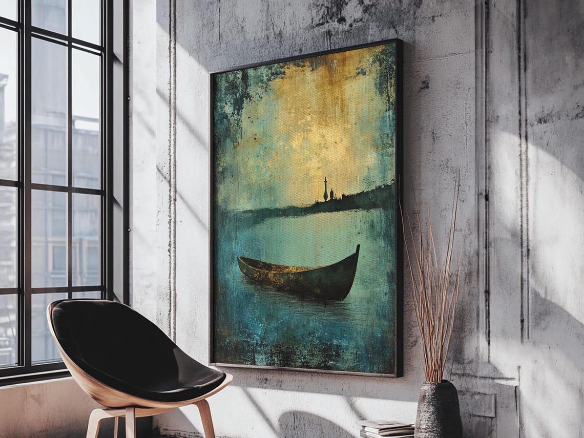 Lone Canoe Moored Teal Water Gold Sky Abstract Nautical Art Poster - Image 4