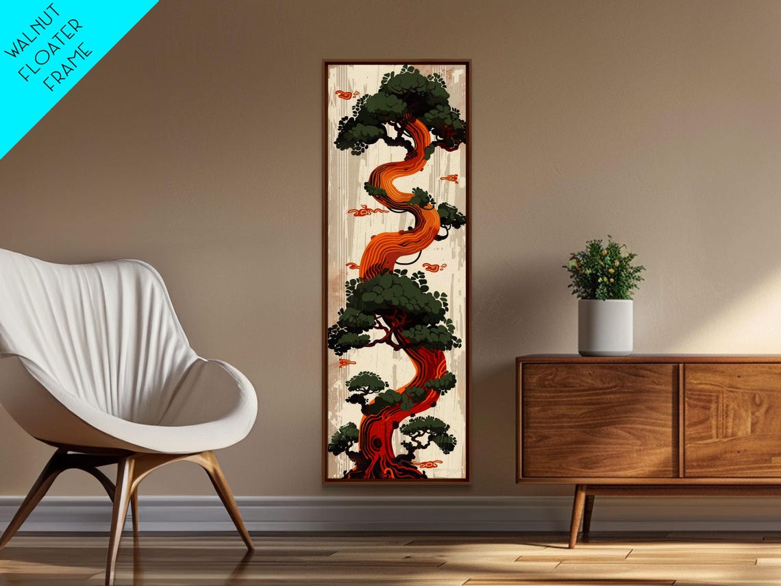 Twisted Pine Tree Green Foliage Orange Trunk Japanese Art Poster - Image 2