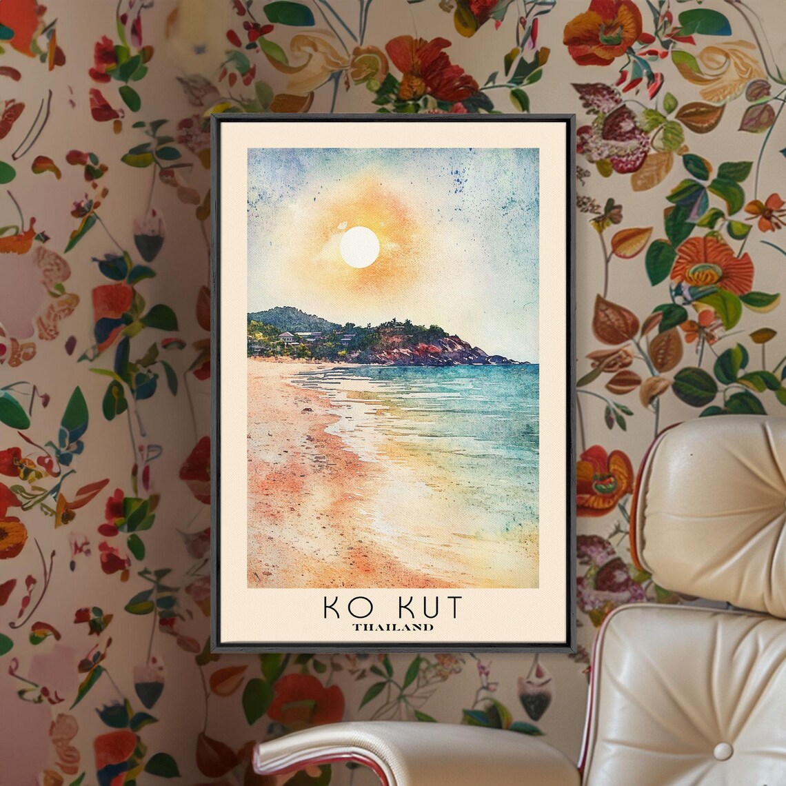 Ko Kut Thailand Sunset Beach Headland Orange Sun Watercolor Wall Poster - Image 2