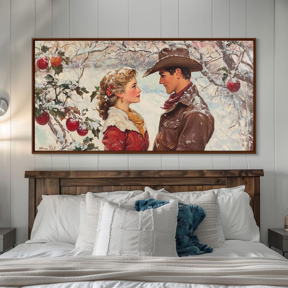 Cowboy Cowgirl Meet Under Mistletoe In Snowy Winter Orchard Poster - Image 2