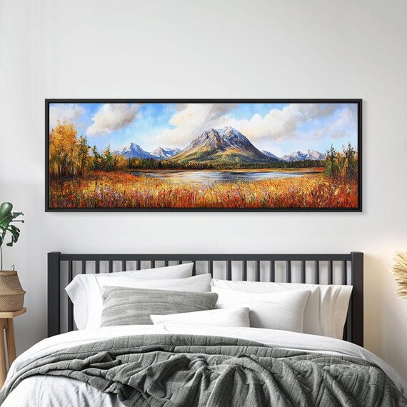 Beautiful Panoramic Watercolor Painting Print Wood Framed Wall Art Mountain Fall Landscape Painting Ultra Wide Wall Art
