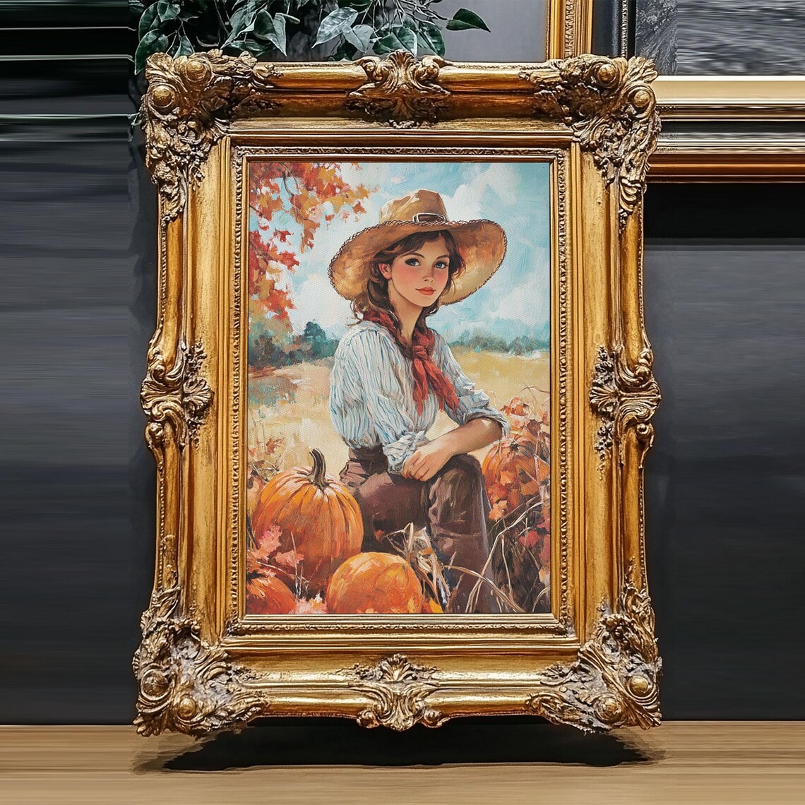 Country Girl With Pumpkins Fall Harvest Rustic Farmhouse Autumn Scene Poster