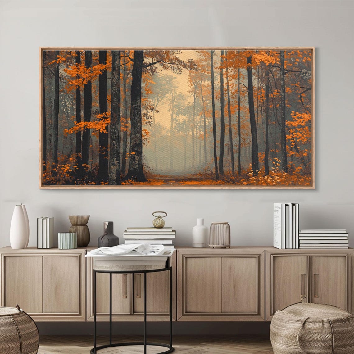 Moody Autumn Forest Tall Trees Orange Canopy Foggy Woods Poster