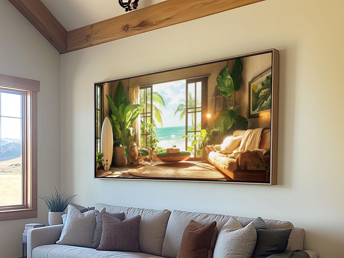 Sunny Surf Beach Interior Open Doors Ocean View Palm Plants Wall Art - Image 3