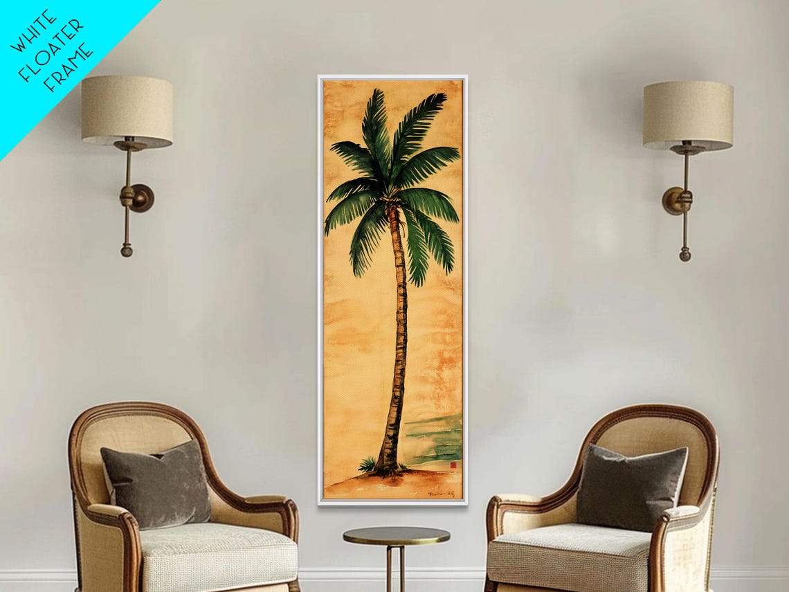 Tall Tropical Palm Tree Lush Green Fronds Warm Sunset Beach Art Poster