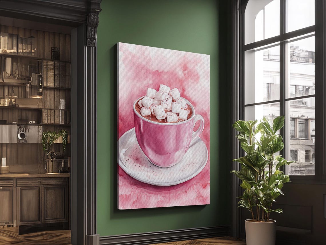 Pink Hot Chocolate Cup Marshmallows Cozy Watercolor Kitchen Wall Art - Image 4