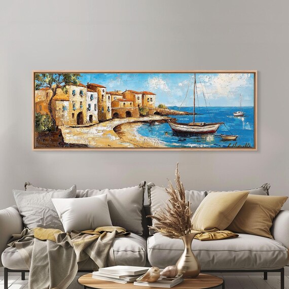 Mediterranean Coastal Village Harbor Fishing Boats Oil Travel Poster