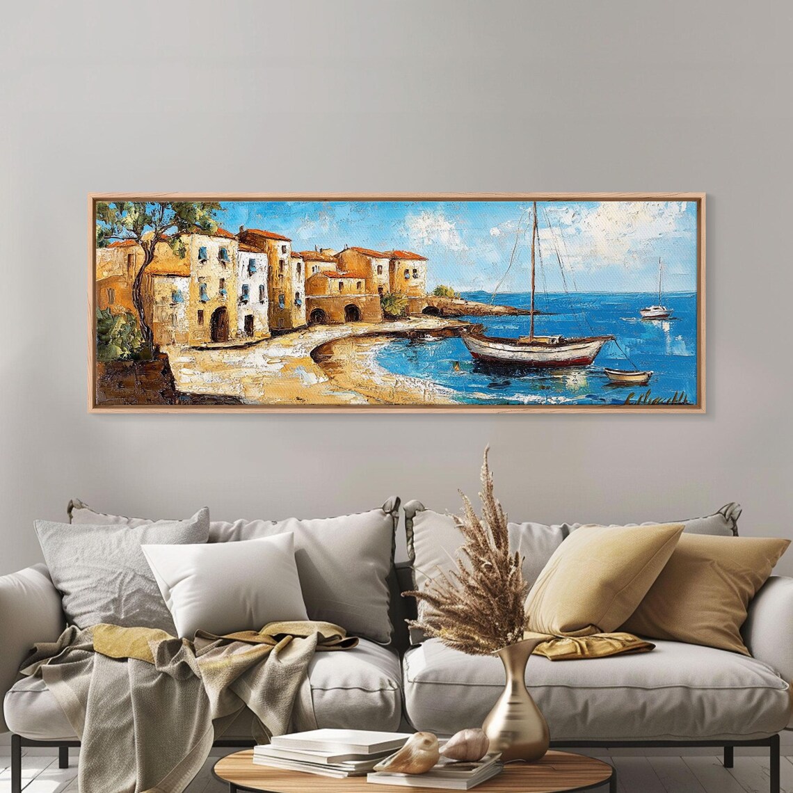 Retro Italian Villa Beach Painting Amalfi Coast Italy Landscape Painting Print Framed Print Coastal Decor Vintage Lakehouse Art
