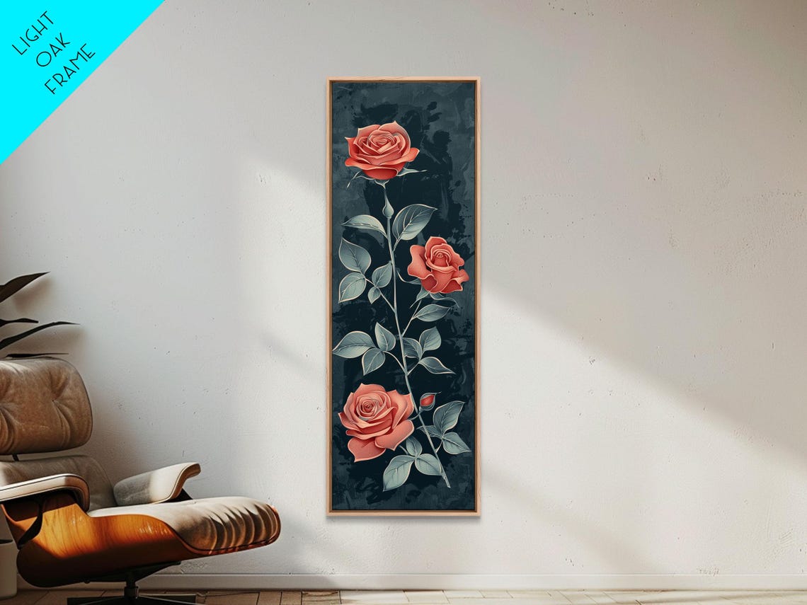 Vintage Coral Roses With Dark Green Leaves On Deep Teal Art Poster - Image 3