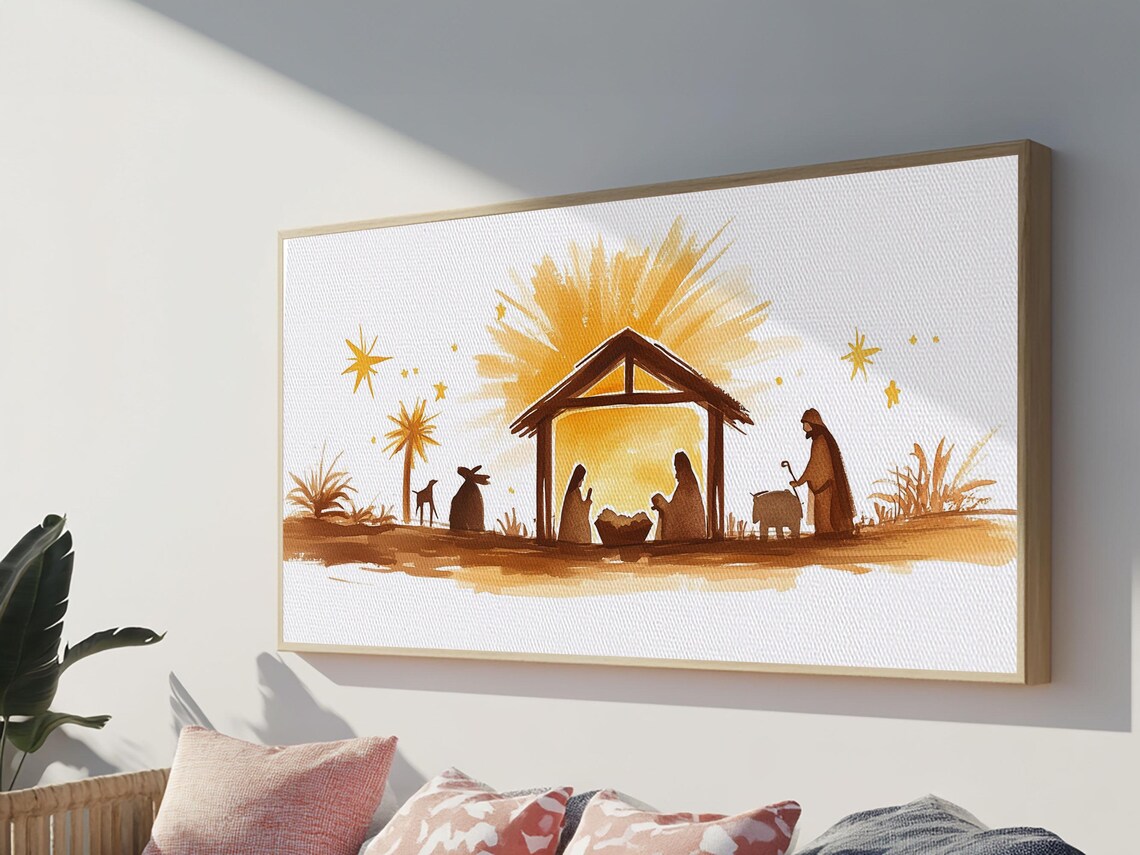 Minimalist Golden Nativity Silhouette Watercolor Christmas Wall Art - Image 6