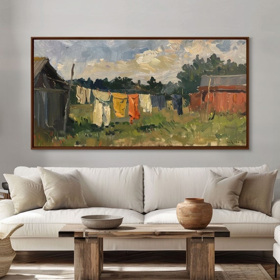 Sunny Day On The Farm With Clothesline Framed Print Rustic Wall Art Living Room Decor Farmhouse Style Country Scene