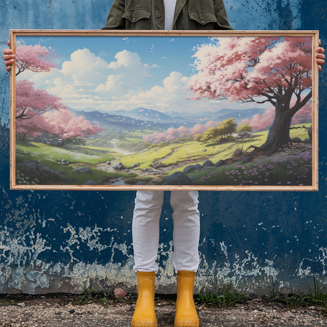 Cherry Blossom Valley Mountain Stream Spring Landscape Art Poster - Image 6