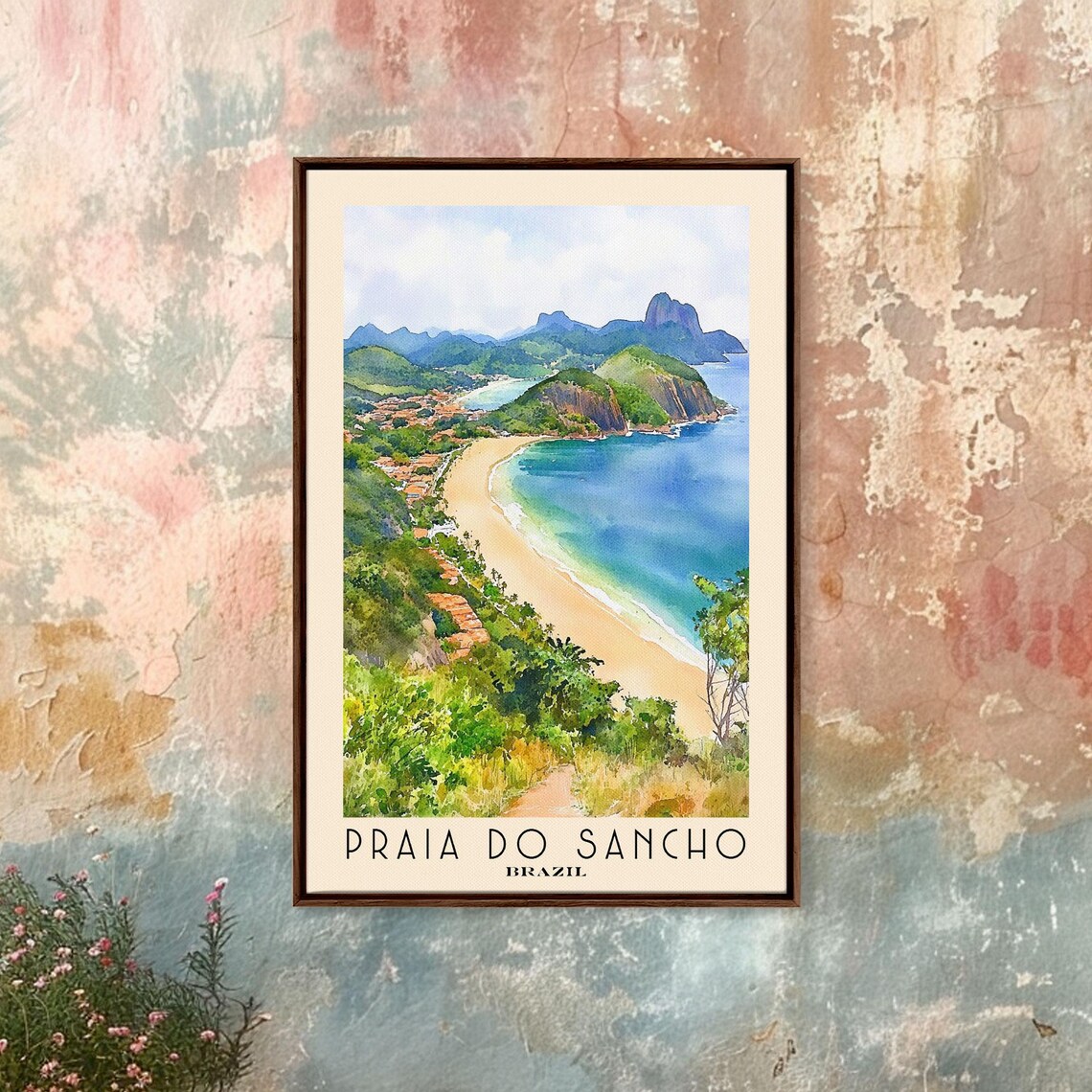 Praia do Sancho Brazil Lush Jungle Cove Turquoise Bay Watercolor Poster