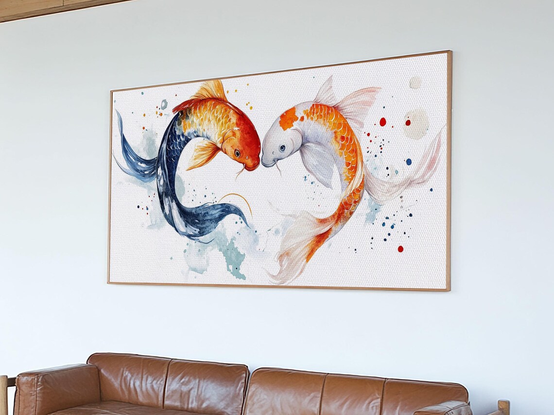 Koi Fish Couple Yin Yang Heart Curve Watercolor Splash Painting Print - Image 3