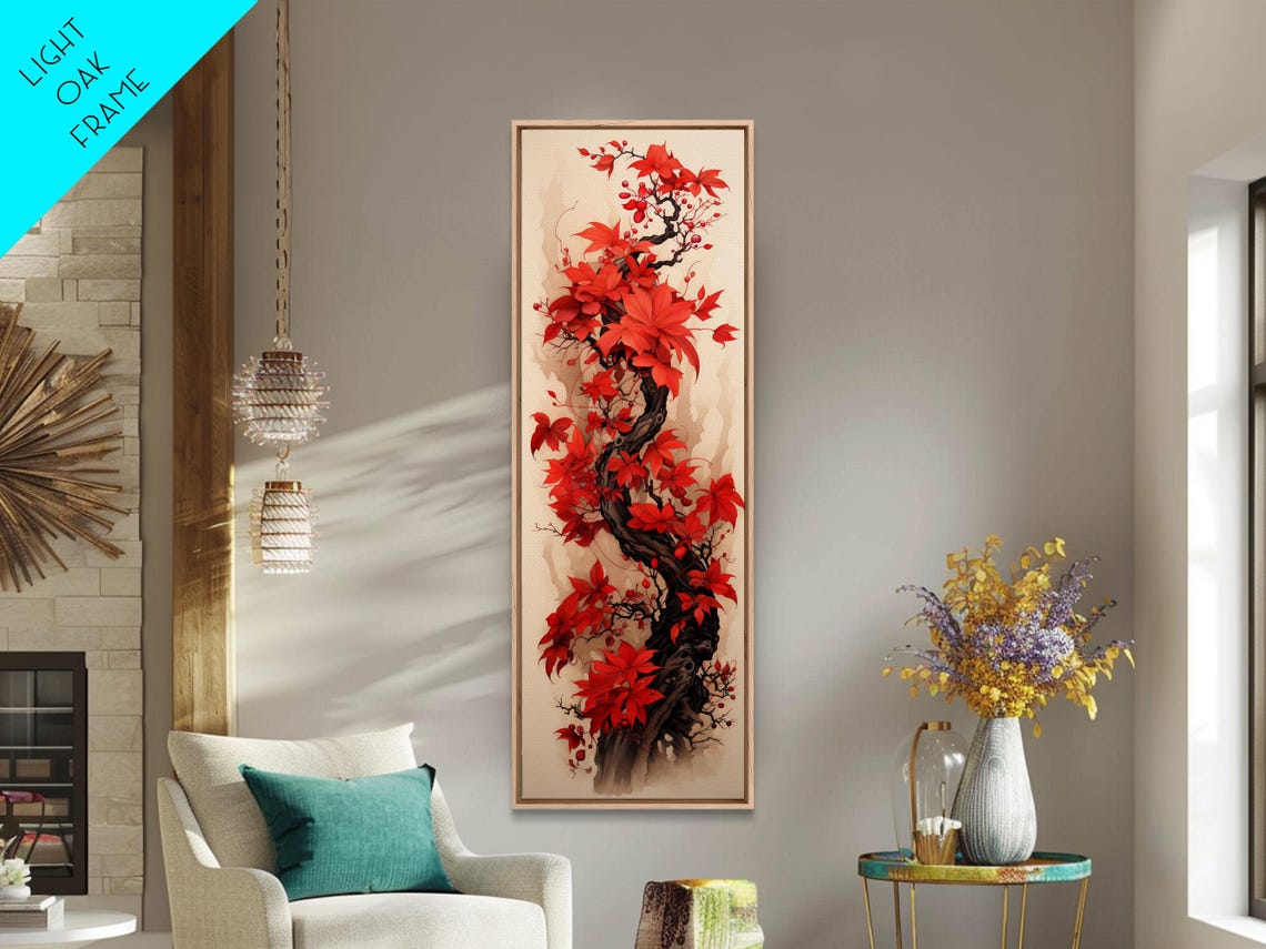 Twisting Vine With Red Autumn Berries Ink Wash Japanese Wall Art - Image 5