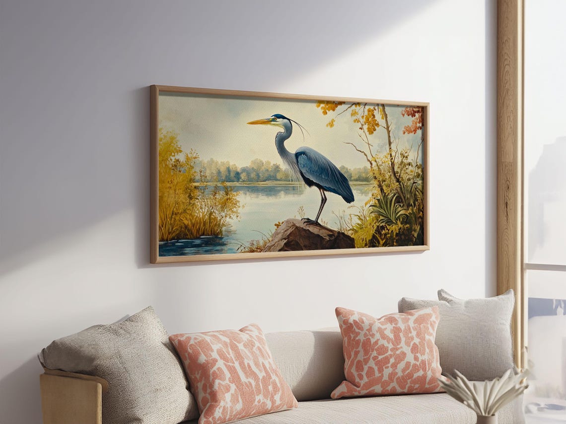 Blue Heron On Rock By Autumn Lake Bird Painting Wall Art Print - Image 5