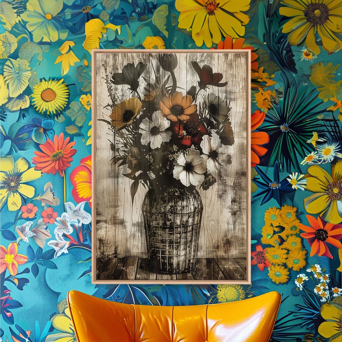 Wildflowers Wire Basket Vase Distressed Farmhouse Rustic Art Poster - Image 4