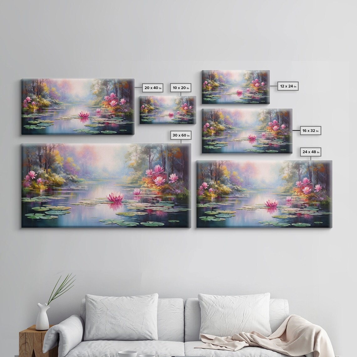 Pink Water Lilies Lotus Pond Misty Forest Impressionist Floral Wall Art Poster - Image 2
