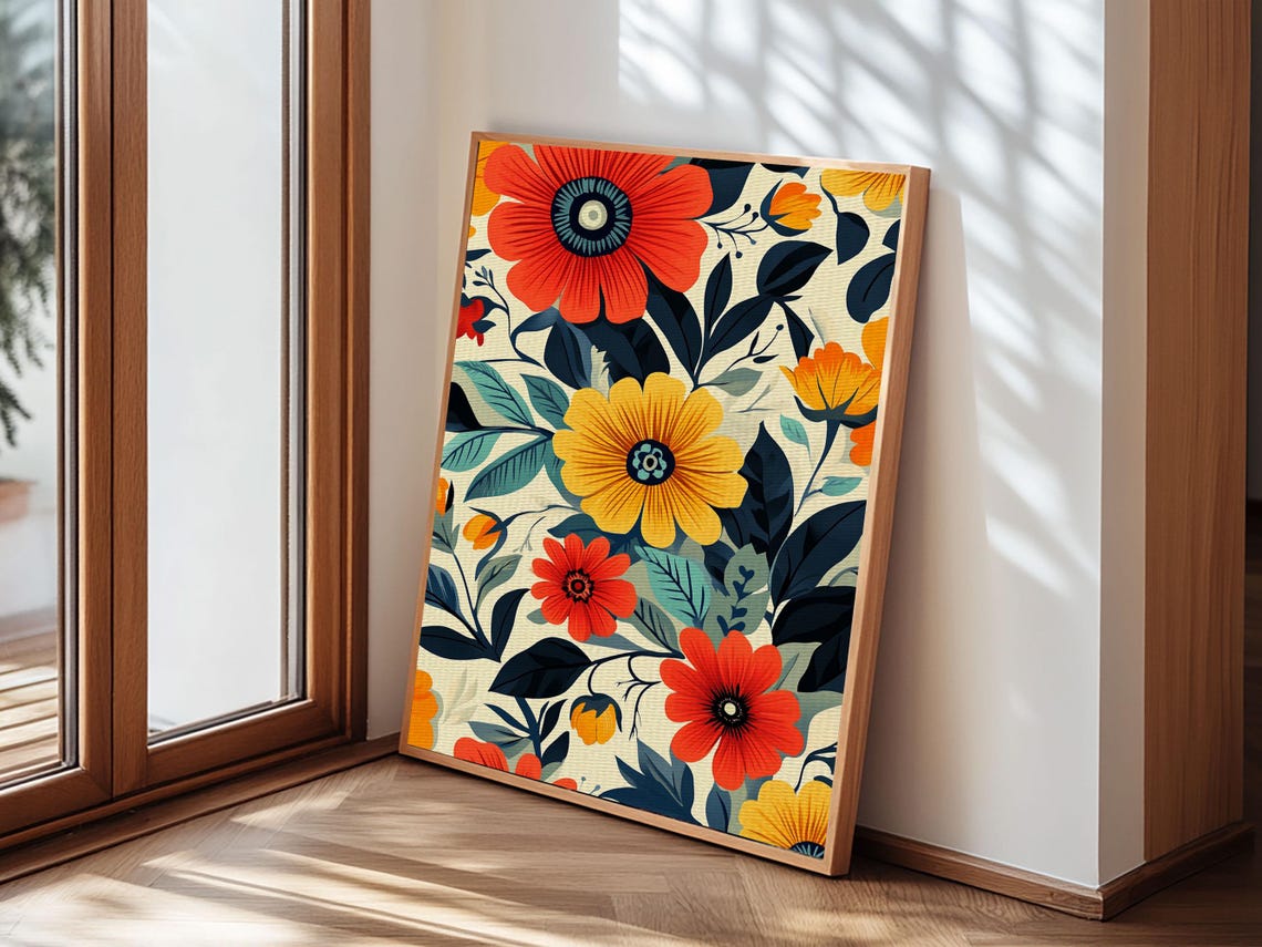 Mid Century Modern Floral Pattern Bold Retro Blooms Cream Art Poster - Image 6