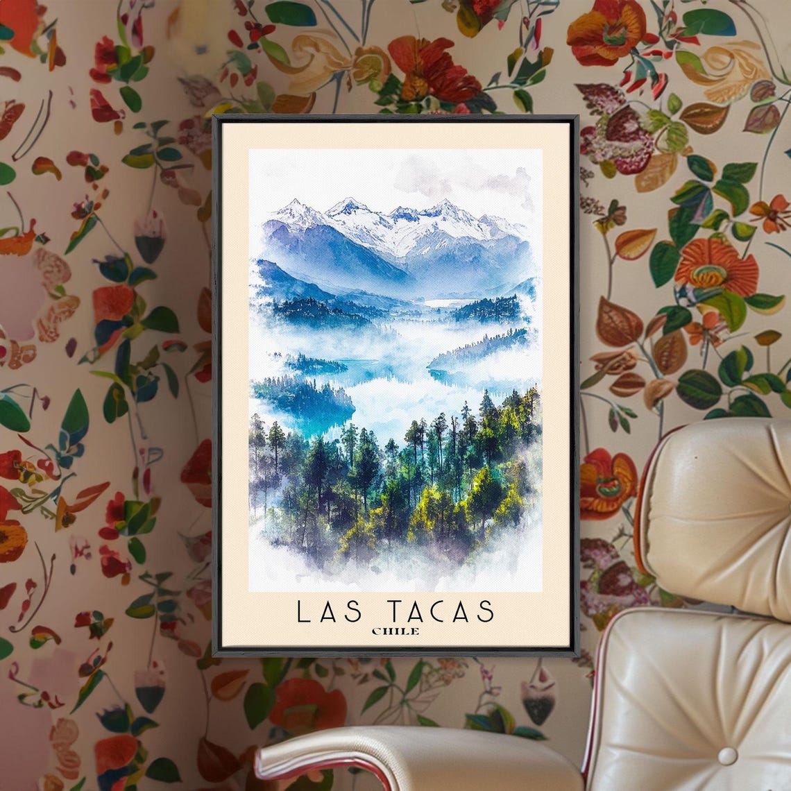 Las Tacas Chile Misty Snow Capped Peaks Pine Forest Watercolor Poster - Image 2