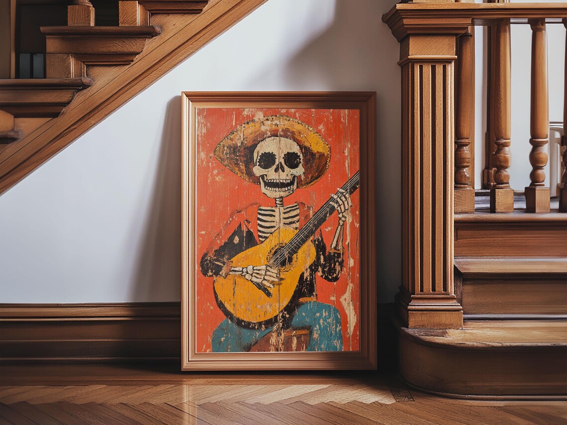 Mexican Skeleton Vaquero Guitar Art Print, Southwestern