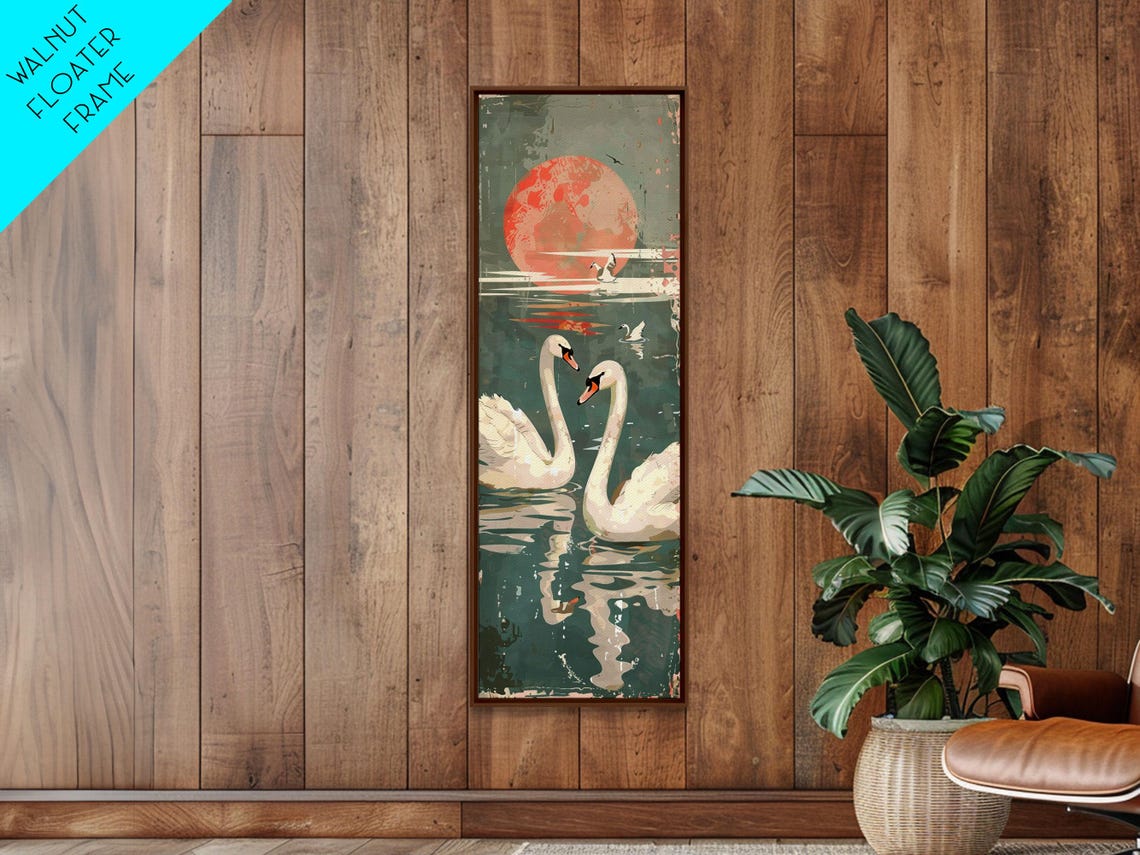 Two White Swans On Lake Beneath Red Sun Vintage Japanese Wall Art - Image 6