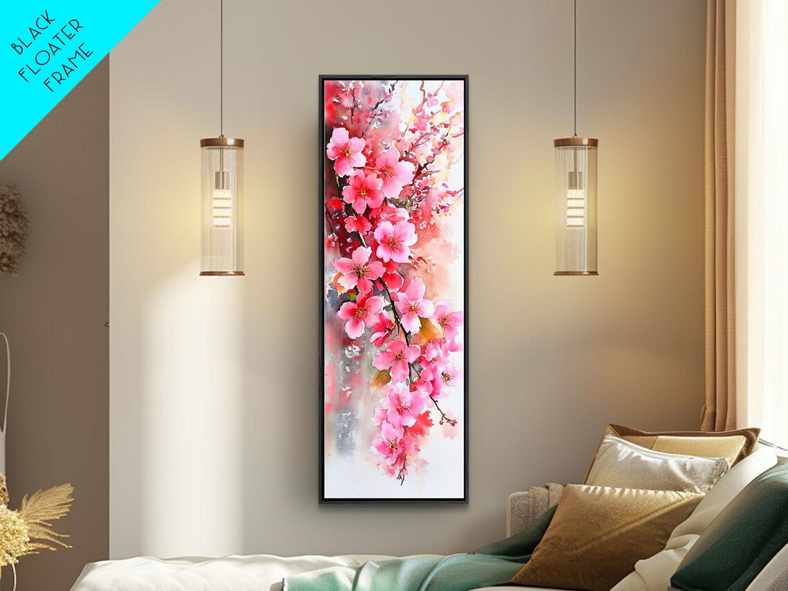 Pink Cherry Blossom Branch Vibrant Watercolor Spring Floral Art Poster - Image 3