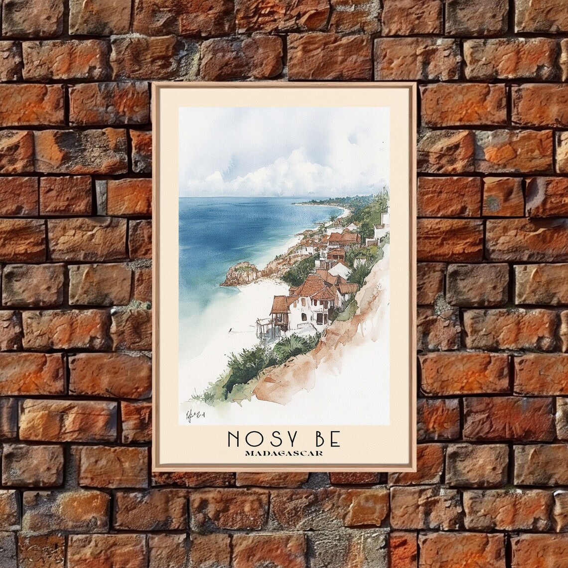 Nosy Be Madagascar Red Roof Coastal Town Cliffside Watercolor Poster - Image 4