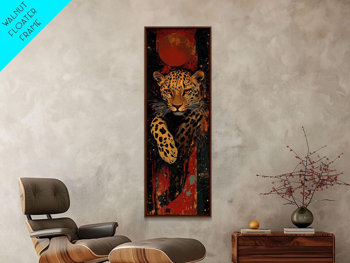 Leopard Leaping Red Moon Dark Textured Background Bold Wildlife Art Poster - Image 6