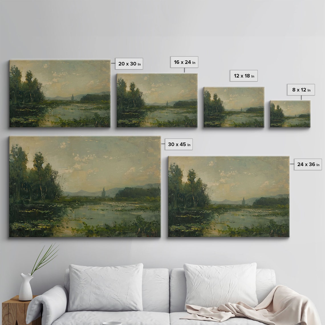 Golden Hour Lake Lily Pads Trees Vintage Impressionist Painting Print - Image 2