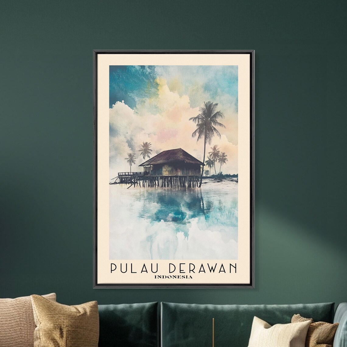 Pulau Derawan Indonesia Stilt Hut Over Calm Lagoon Palms Sunset Reflection Poster - Image 5