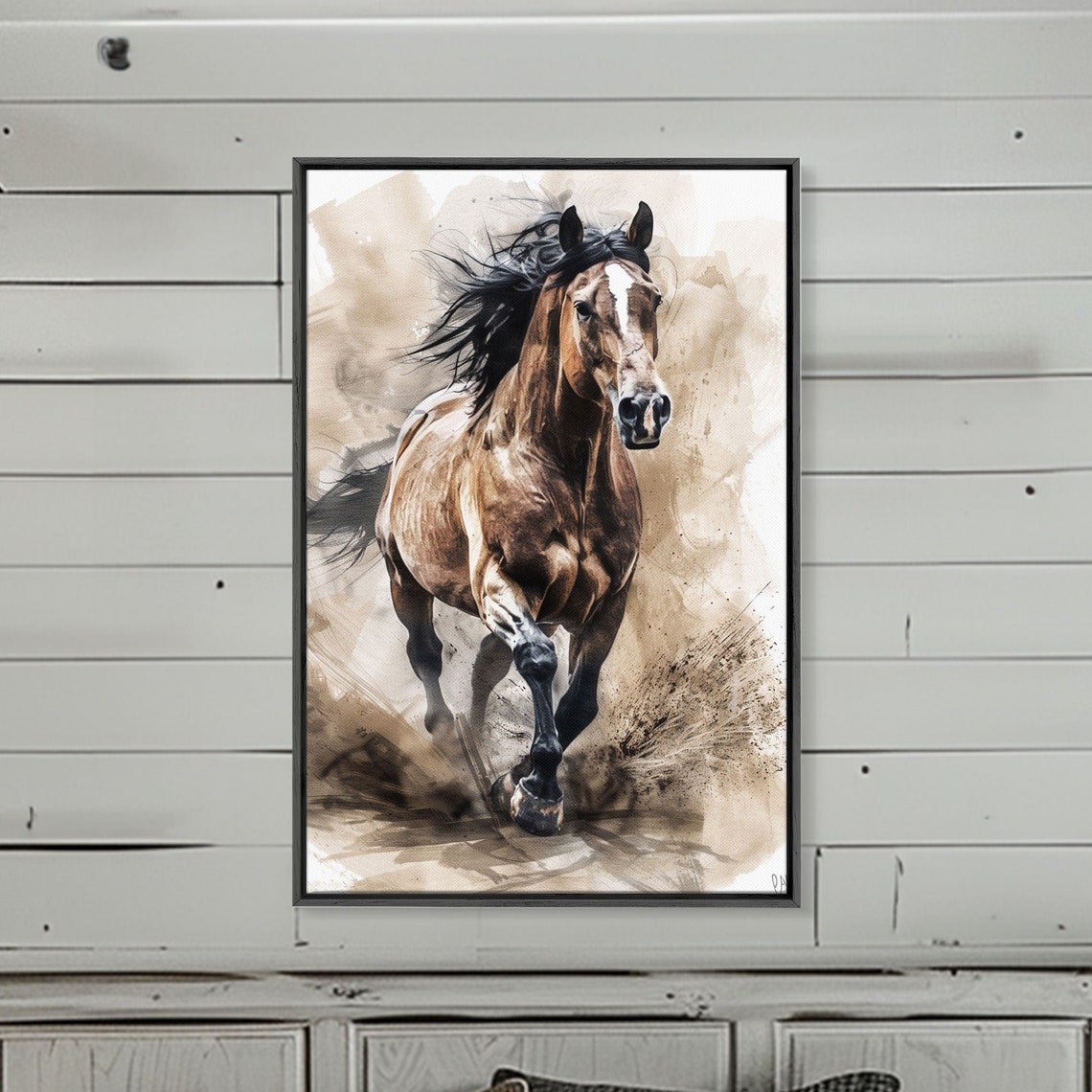Powerful Brown Horse Galloping Dust Watercolor Equestrian Art Poster - Image 3