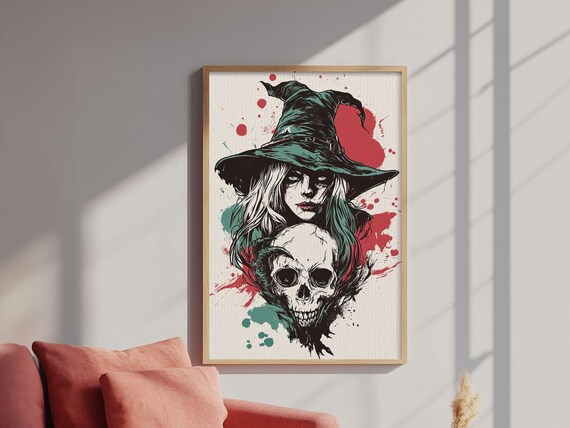 Witch Skull Portrait Dark Gothic Teal Graphic Style Halloween Wall Art Poster