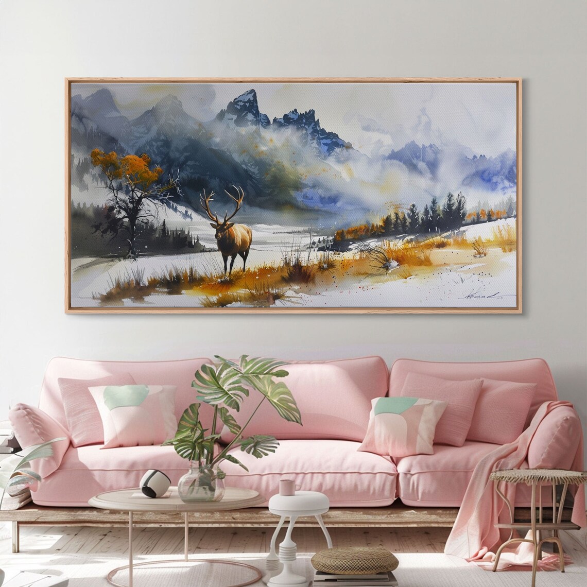 Majestic Elk In Snowy Mountain Meadow Watercolor Wildlife Art Poster - Image 3
