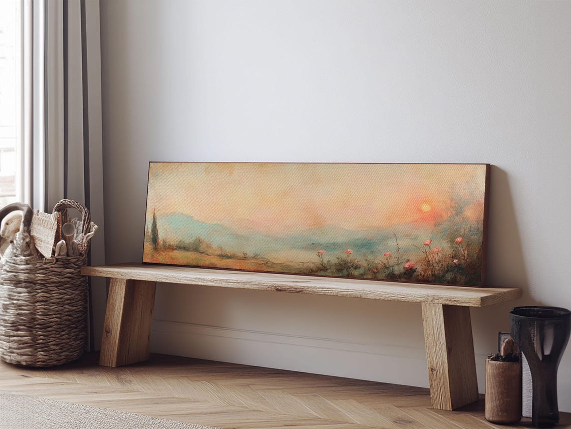 Moody Wildflower Field Misty Sunrise Pastel Panoramic Poster Art - Image 6
