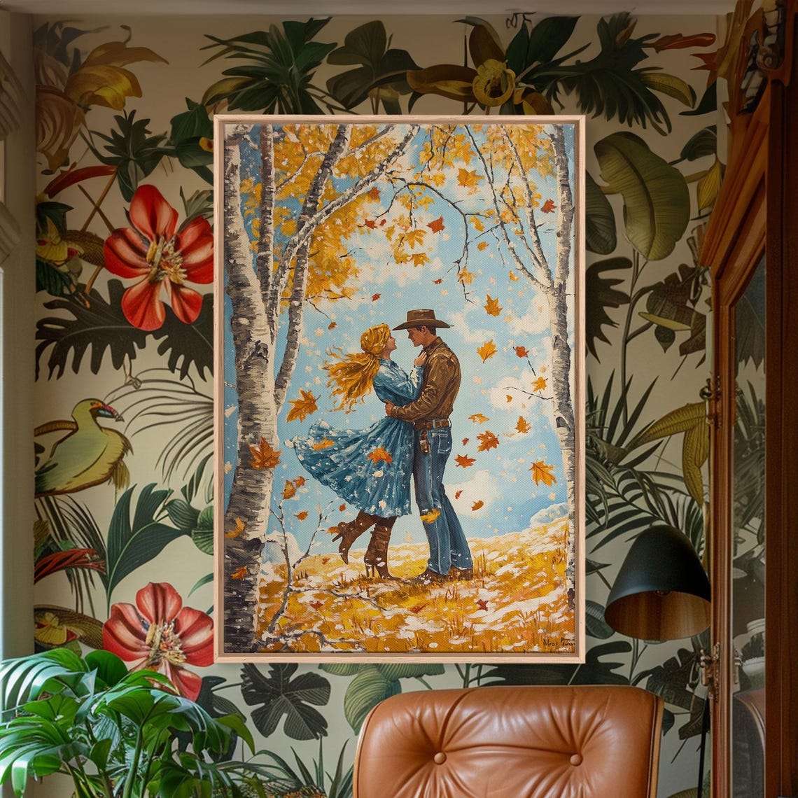 Cowboy Couple Embracing Autumn Birch Trees Falling Leaves Poster - Image 5