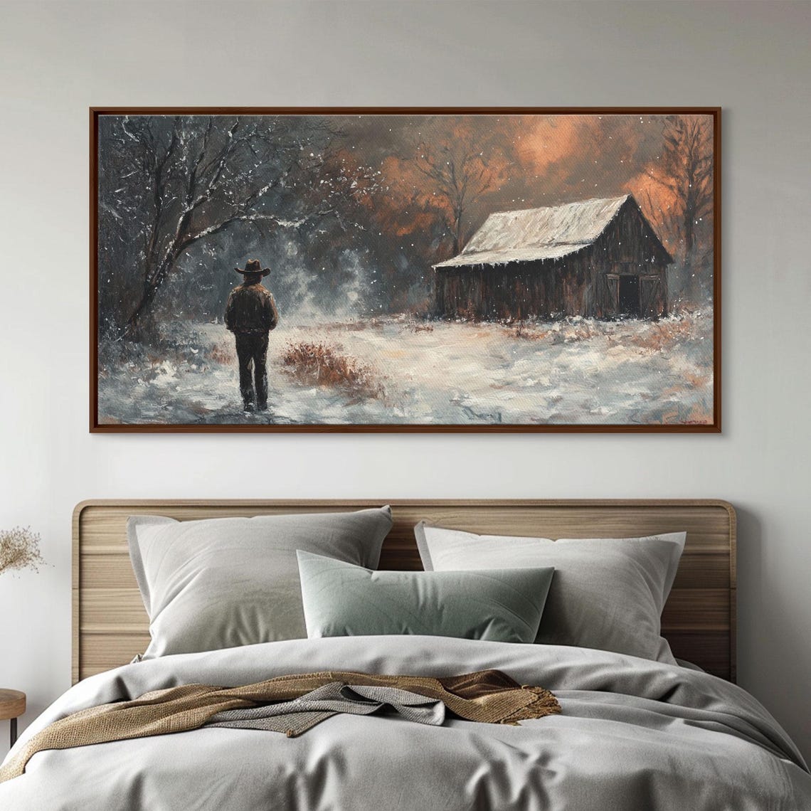 Cowboy Silhouette In A Snowy Landscape By A Dark Barn Art Print - Image 3