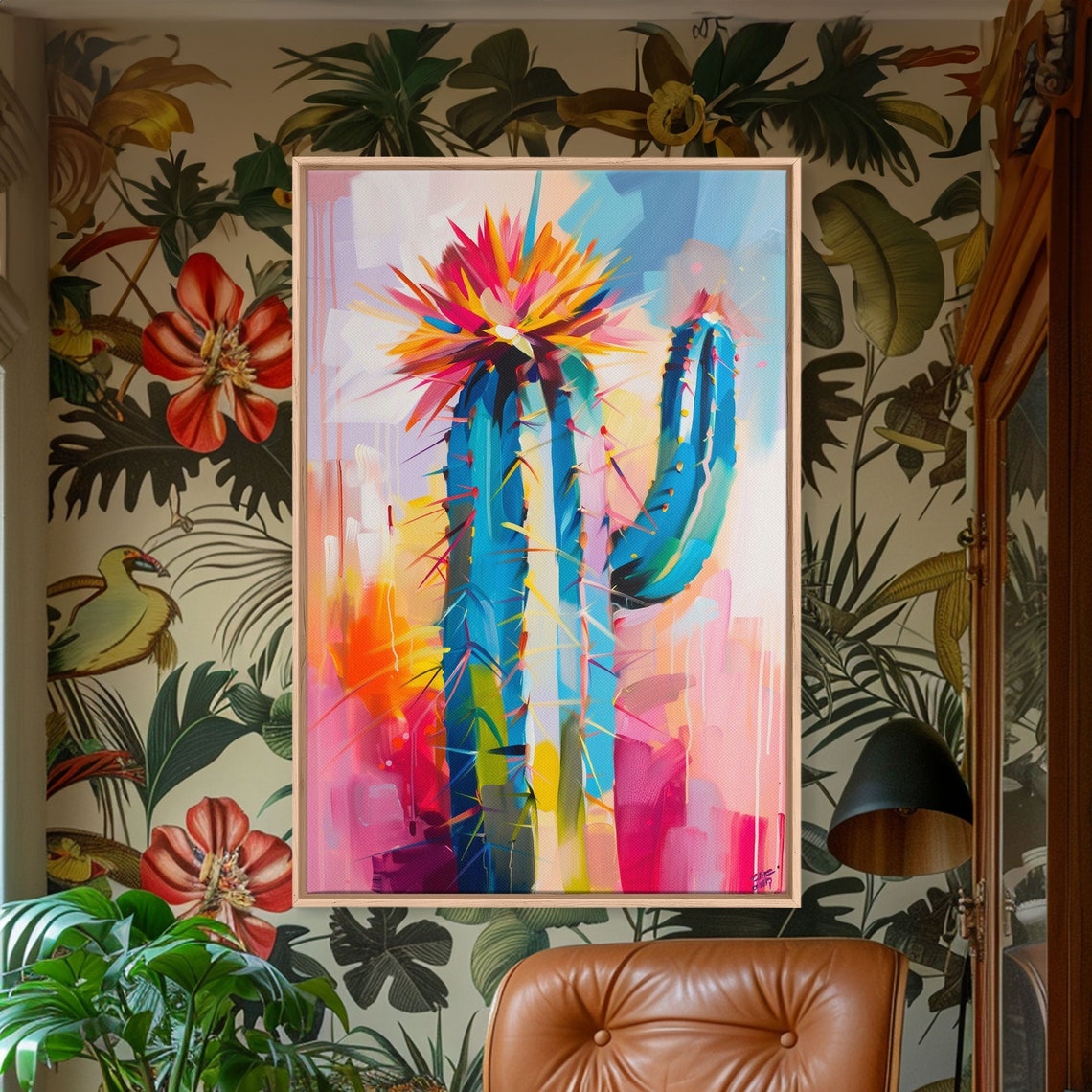 Colorful Saguaro Cactus Bloom Vibrant Desert Succulent Art Poster - Image 3