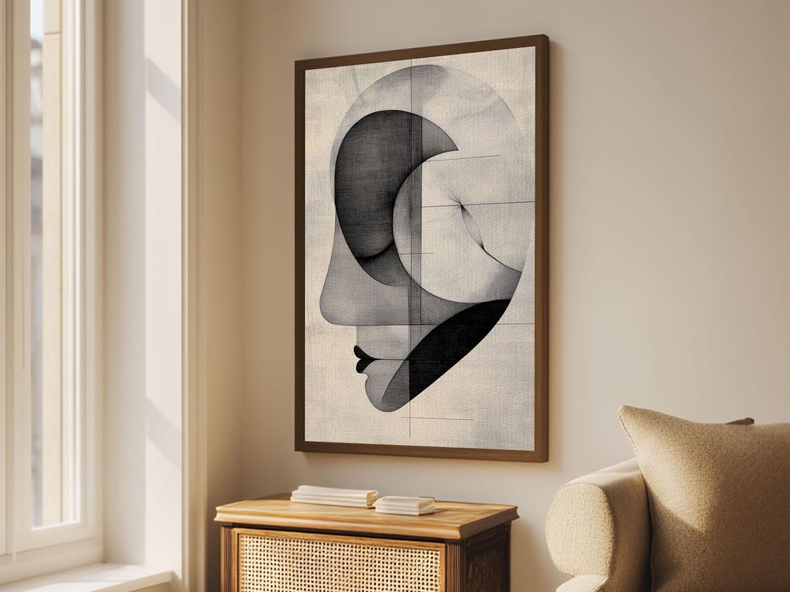 Geometric Abstract Face Profile Monochrome Modern Minimalist Art Print - Image 4