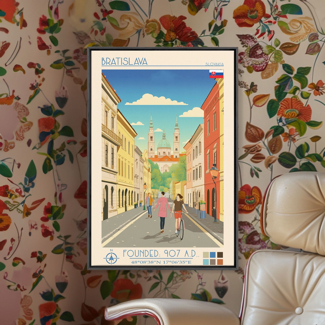 Bratislava Slovakia Old Town Street Twin Spires Church Vintage Poster