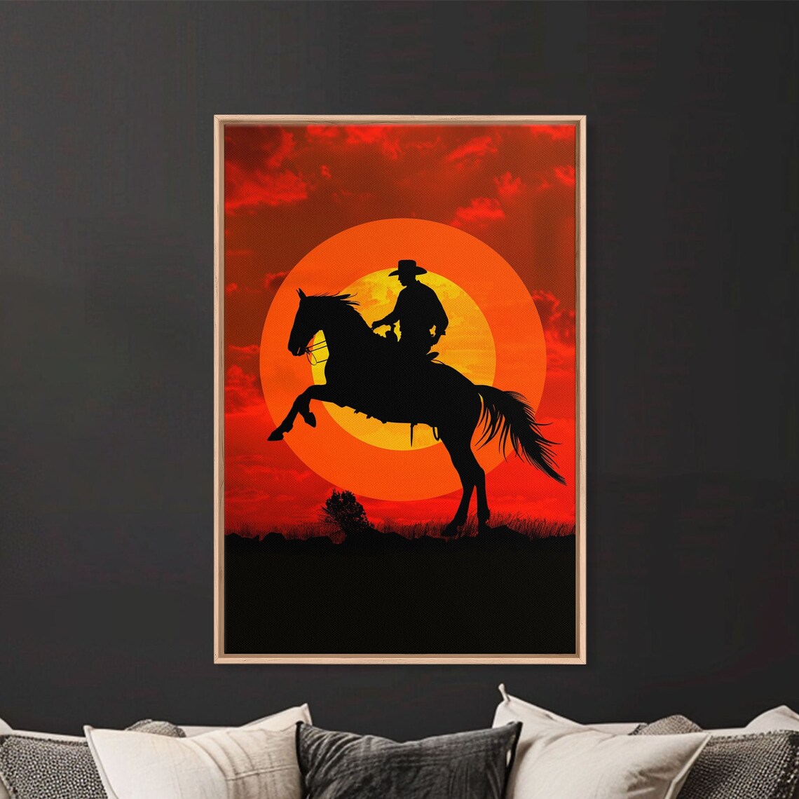 Cowboy Silhouette On Horseback Giant Sunset Western Wall Art - Image 2