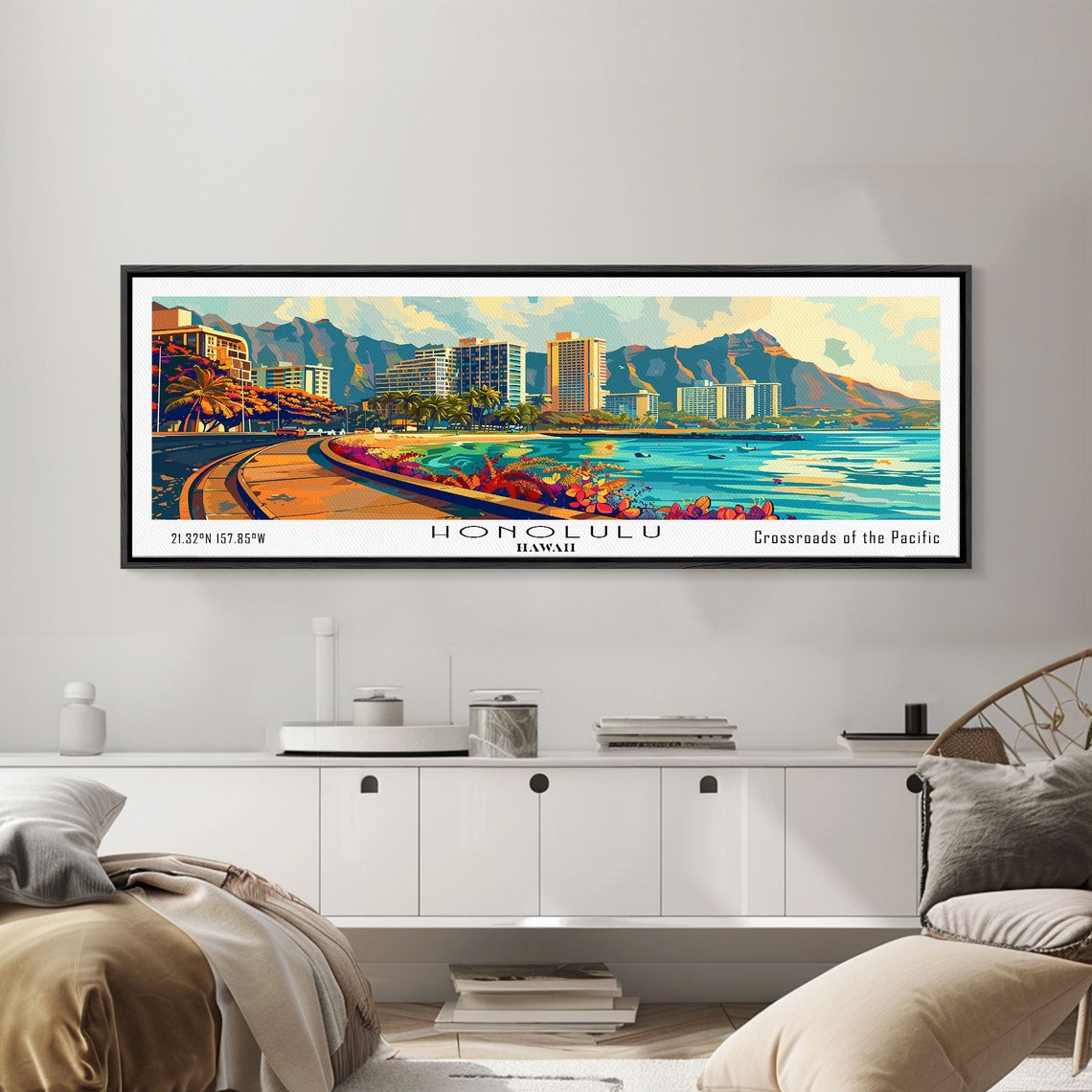 Honolulu Hawaii Panoramic Wall Art Framed Print Mid Century Modern Art Pop Art Style Travel Poster Home Decor Retro Style - Image 2