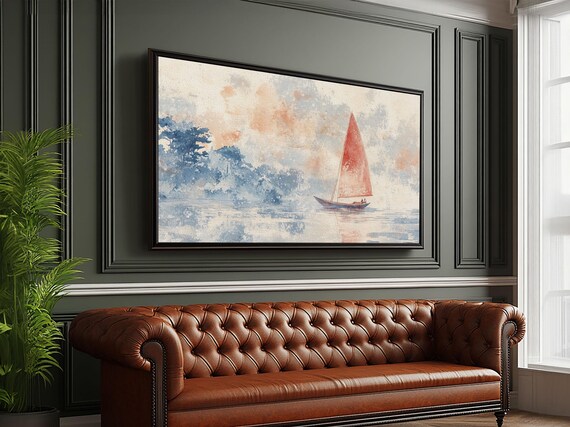 Sailboat With Red Sail On Calm Water Soft Watercolor Nautical Painting
